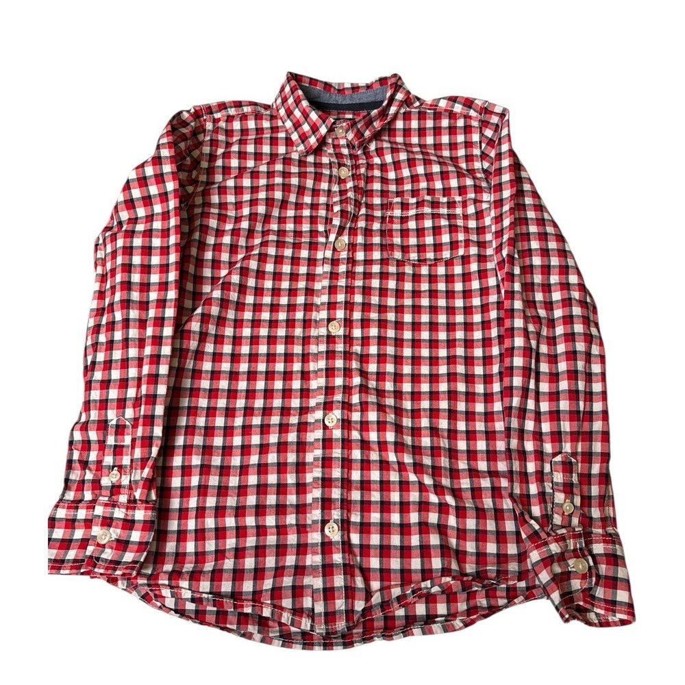 Osh Kosh Boy's Flannel Plaid Shirt Plaid Size 14 Red Blue Button Down Farm 474